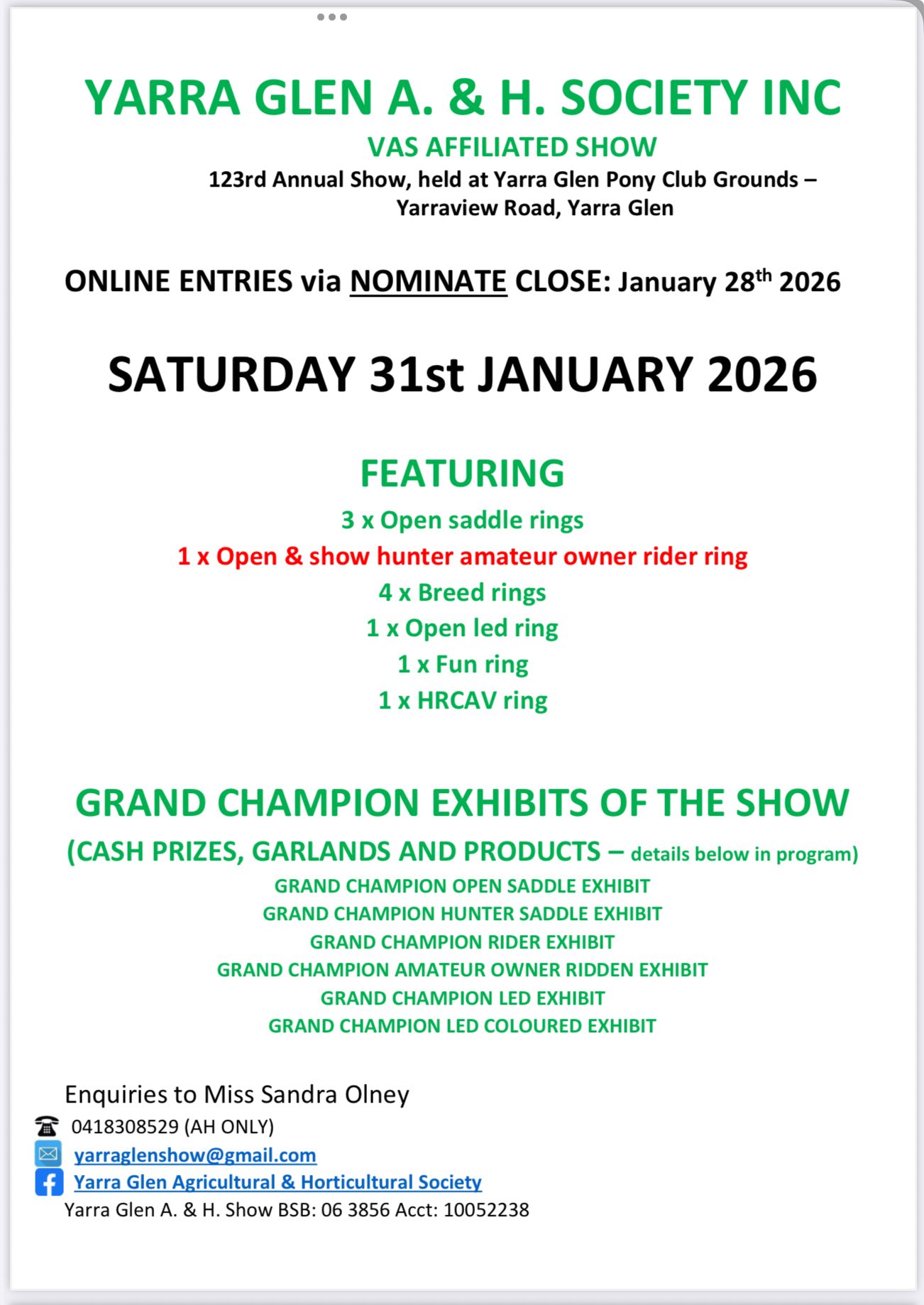 Event image for 123rd Annual Yarra Glen A. & H. Society Inc VAS Affiliated Show